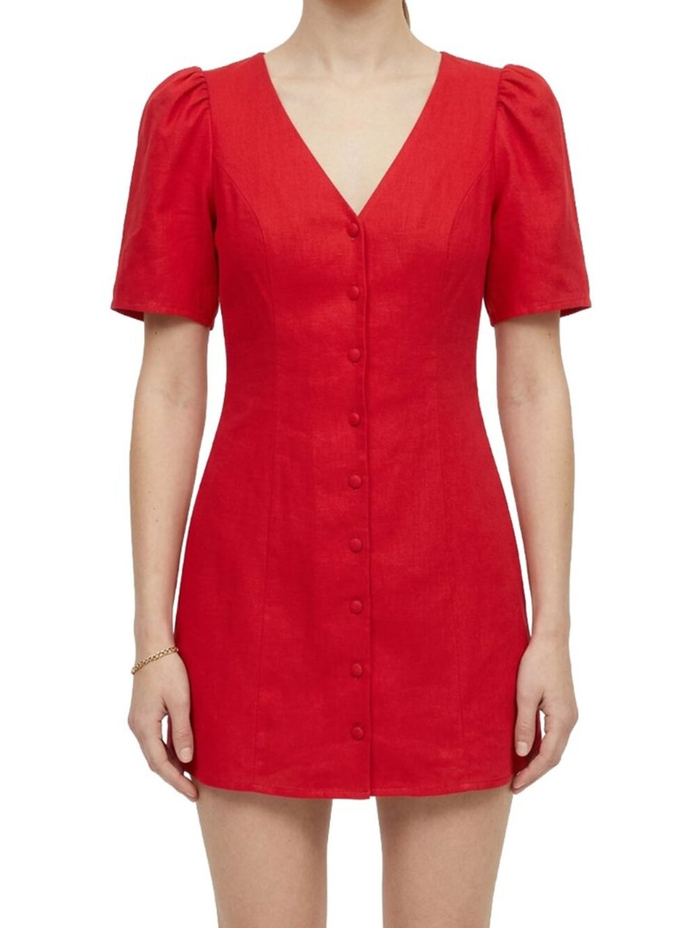 Reformation Joelle Linen Mini Dress Cherry Red Button Front Puff Sleeve 2